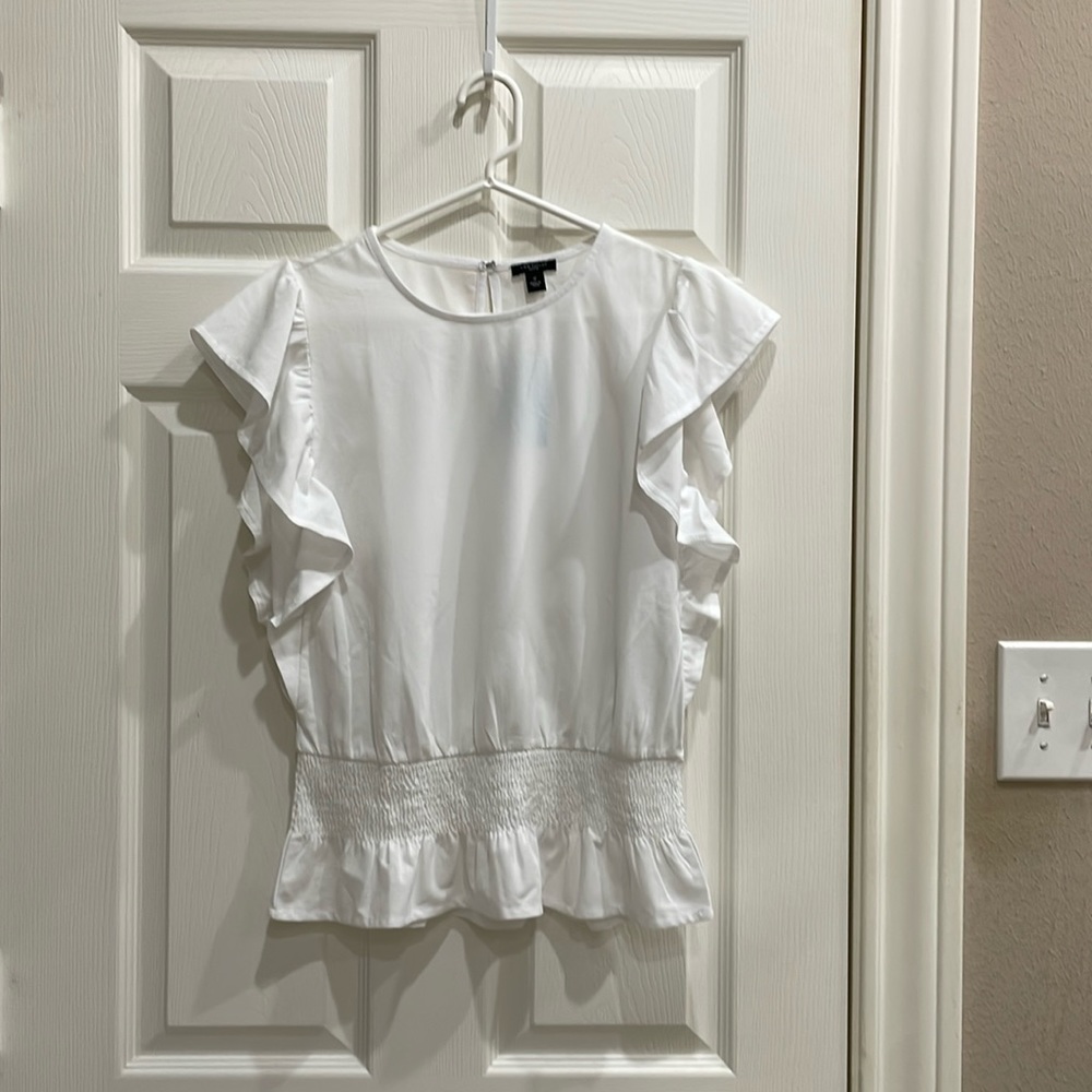 Ann Taylor Petite Smocked Waist Flutter Sleeve Top.